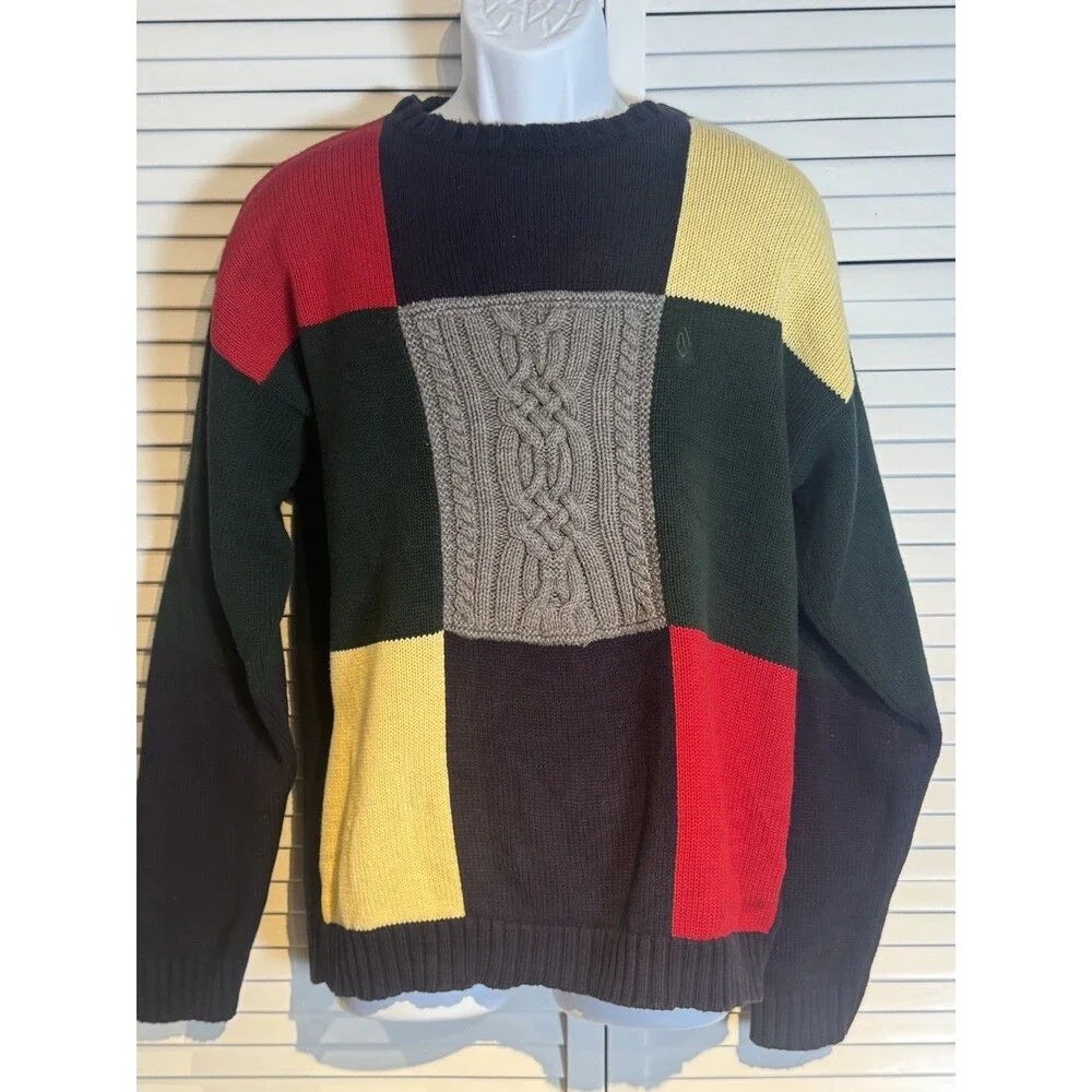 Vintage 90s Nautica Sweater Mens M Cable Knit Green Color Block Cotton Pullover